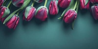 Magenta tulips on teal background, created with photo