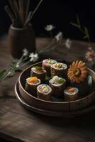 un decorado plato plato de japonés Sushi arreglado en de madera lámina, creado con generativo ai foto