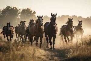 Group of horses galloping in the grassland, created with photo