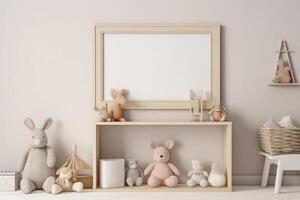 Empty frame mockup in the nursery room, created with photo