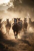 Group of horses galloping in the grassland, created with photo
