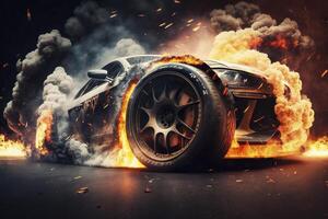 Sport racing car with tyre burning, created with photo