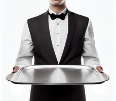 Waiter holding empty silver tray, created with photo