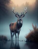 Deer standing in the foggy morning, created with photo