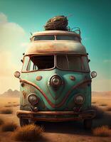 Vintage van in the desert, eated with photo