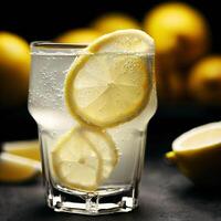 a glass of lemon cocktail with lemon slices on wwooden background. photo