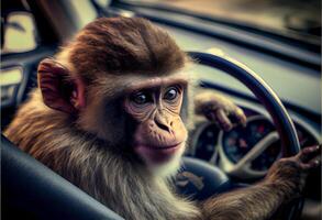 pequeño mono conducción un coche. malo conductor. ai generado foto