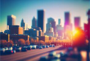 blurred city background. road in the stone jungle. skyscrapers in the background. photo