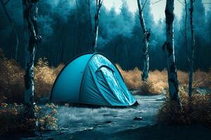 blue tent in a dark forest. photo