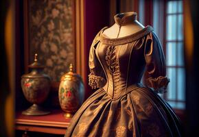 19th century women dress on a mannequin in the room. photo