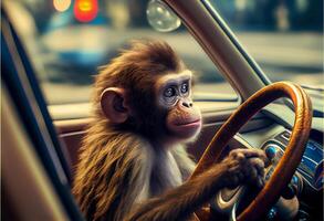 pequeño mono conducción un coche. malo conductor. ai generado foto