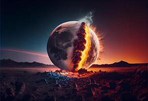 the moon crashes into the earth. cosmic disaster. photo