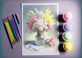 still life flowers in a jar. paint with watercolor. photo