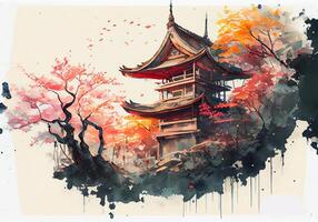 old asia painted in watercolor. Japanese architecture of the 19th century. photo