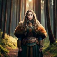 hermosa guerrero vikingo mujer a el bosque, generativo Arte por ai foto