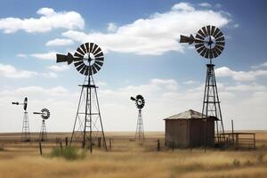 ai generado energía ahorro molinos de viento, turbina a naturaleza, mar, montañas, campos foto