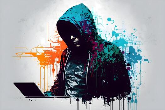 Internet hacker sitting at personal computer laptop tablet photo