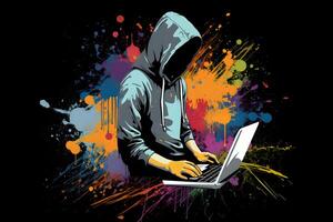 Internet hacker sitting at personal computer laptop tablet photo