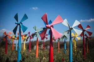 ai generado energía ahorro molinos de viento, turbina a naturaleza, mar, montañas, campos foto