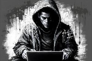 Internet hacker sitting at personal computer laptop tablet photo