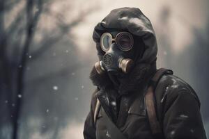 Nuclear winter after atomic bomb blow. Nature world disaster. Man in gas mask. Biohazard. Child suffer photo