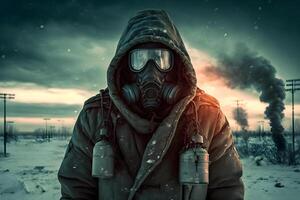 Nuclear winter after atomic bomb blow. Nature world disaster. Man in gas mask. Biohazard. Child suffer photo