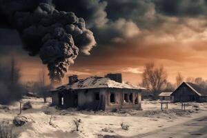 Nuclear winter after atomic bomb blow. Nature world disaster. Man in gas mask. Biohazard. Child suffer photo