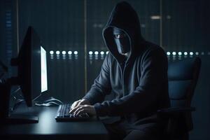 Internet hacker sitting at personal computer laptop tablet photo