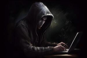 ai generado Internet hacker sentado a personal computadora ordenador portátil tableta foto