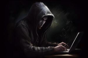 Internet hacker sitting at personal computer laptop tablet photo