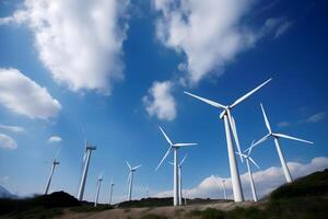 ai generado energía ahorro molinos de viento, turbina a naturaleza, mar, montañas, campos foto