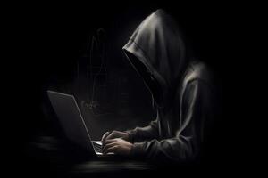 Internet hacker sitting at personal computer laptop tablet photo