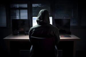 Internet hacker sitting at personal computer laptop tablet photo