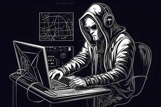 Internet hacker sitting at personal computer laptop tablet photo