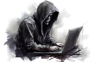 Internet hacker sitting at personal computer laptop tablet photo