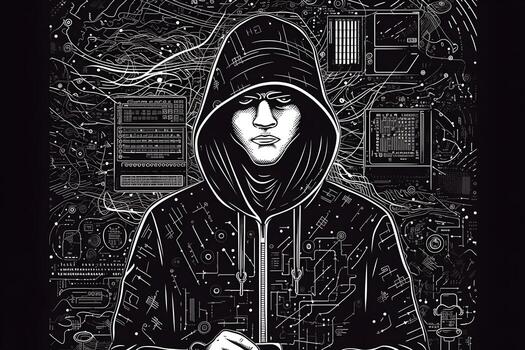 Internet hacker sitting at personal computer laptop tablet photo