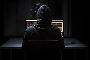 Internet hacker sitting at personal computer laptop tablet photo