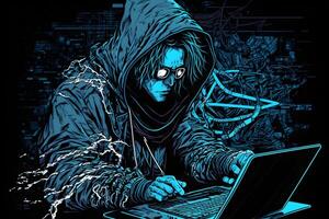 Internet hacker sitting at personal computer laptop tablet photo