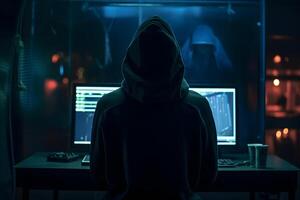 Internet hacker sitting at personal computer laptop tablet photo