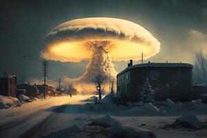 Nuclear winter after atomic bomb blow. Nature world disaster. Man in gas mask. Biohazard. Child suffer photo