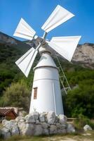 ai generado energía ahorro molinos de viento, turbina a naturaleza, mar, montañas, campos foto