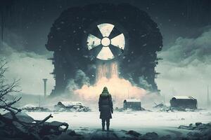 Nuclear winter after atomic bomb blow. Nature world disaster. Man in gas mask. Biohazard. Child suffer photo