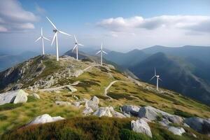 Energy saving windmills, turbin at nature, sea, mountains, fields photo