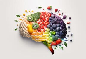 humano cerebro hecho de frutas y vegetales aislado en blanco antecedentes. concepto de nutritivo comidas para cerebro salud y memoria. generativo ai foto