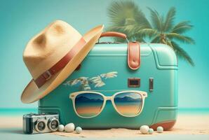 equipaje bolso con sombrero y lentes para viaje con playa antecedentes. verano foto concepto. generativo ai