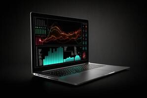 laptop with data analytics isolated black background. photo