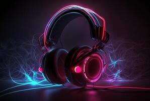 Headphones with neon light on dark background. photo