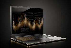 laptop with data analytics isolated black background. photo