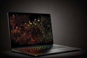 laptop with data analytics isolated black background. photo