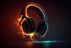 Headphones with neon light on dark background. photo